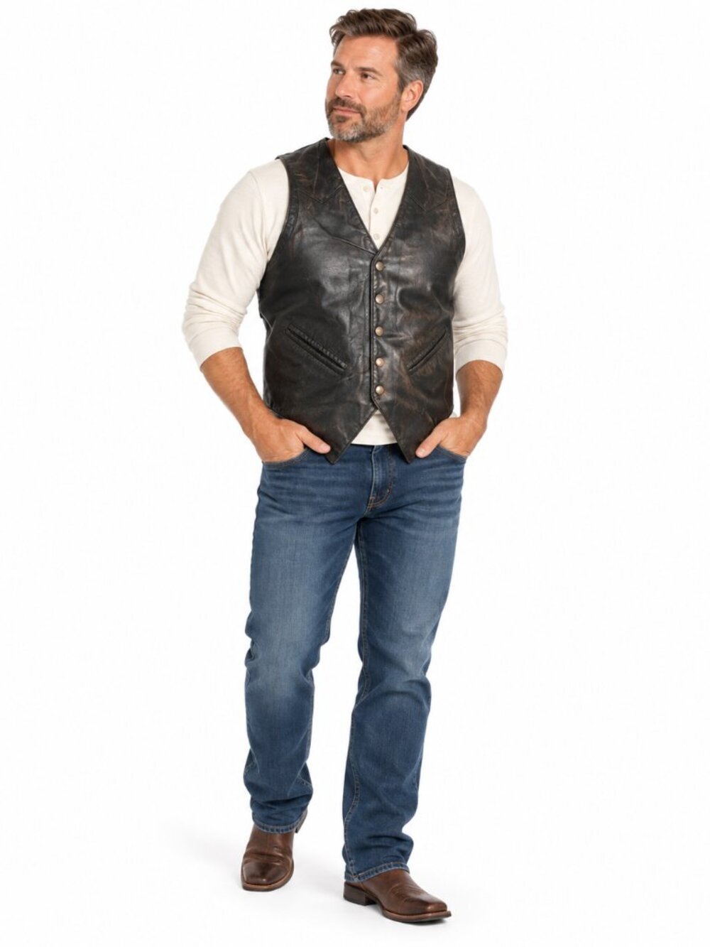 Vintage Western Frontier Mens M Black Genuine Leather Biker Western Vest